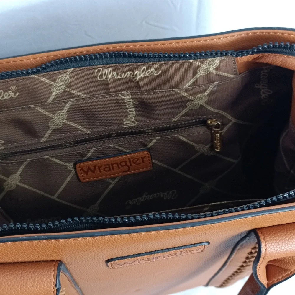 Wrangler Brown Faux Leather Western Tote Bag Braided Zipper Shoulder Bag s9